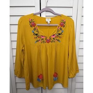 St. John's Bay Floral Embroidered Tasseled Peasant Top Women's Size Large